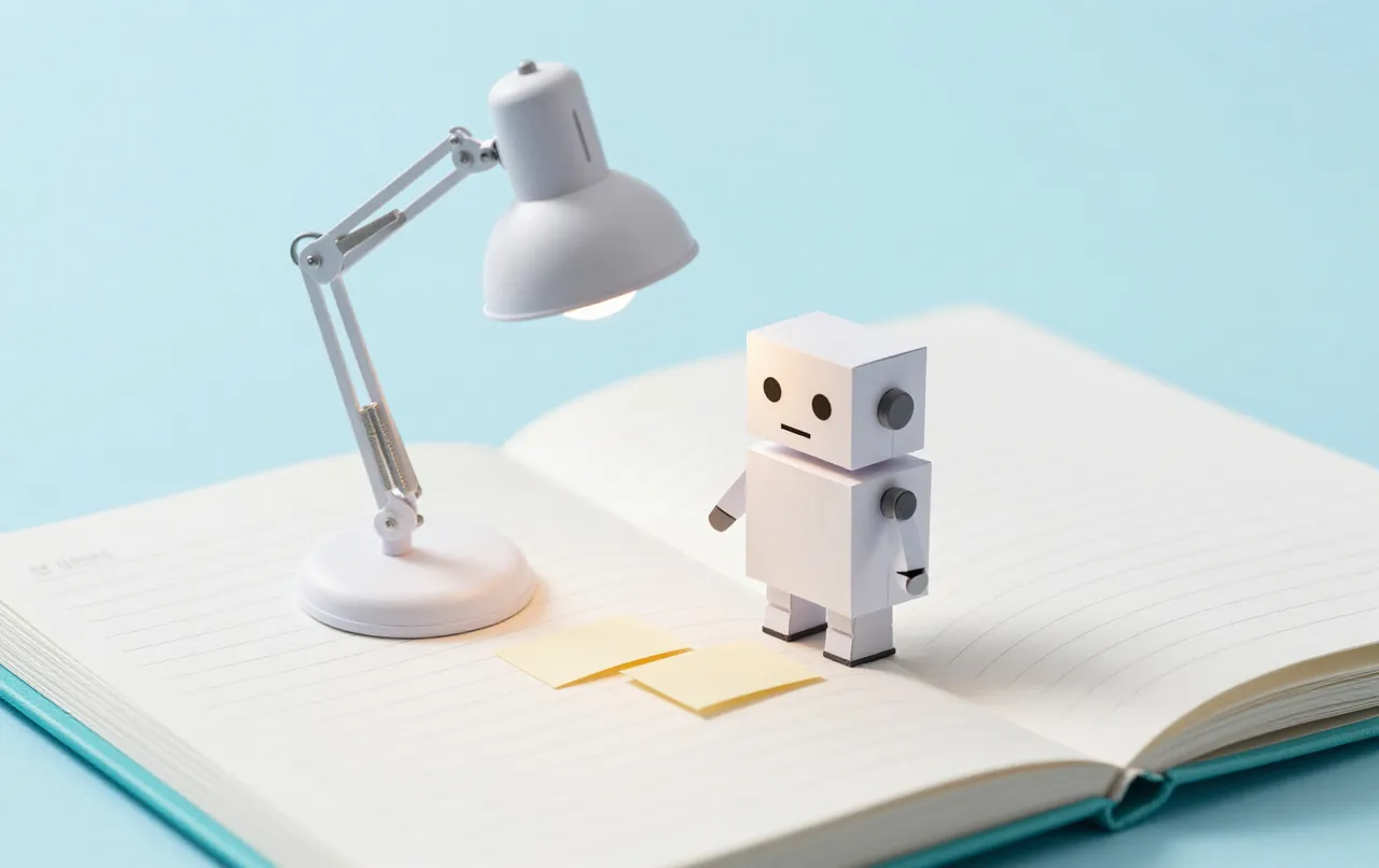 A small white paper robot compares two small paper slips side by side under a desk lamp, an open ledger beside it